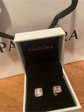 Pandora Rose Gold Square Halo Stud Earrings with Clear Stone